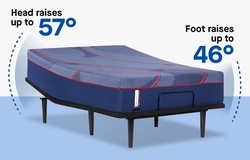 Posturepedic Elite mattress on Ease Power Base head raises up to 57 degrees and foot raises up to 46 degrees