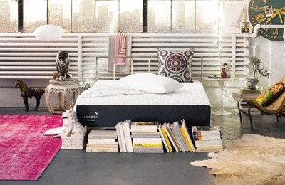 Cocoon mattress in a bright spacious apartment with a bright pink rug next to it windows all along the back wall and books at the base of the mattress