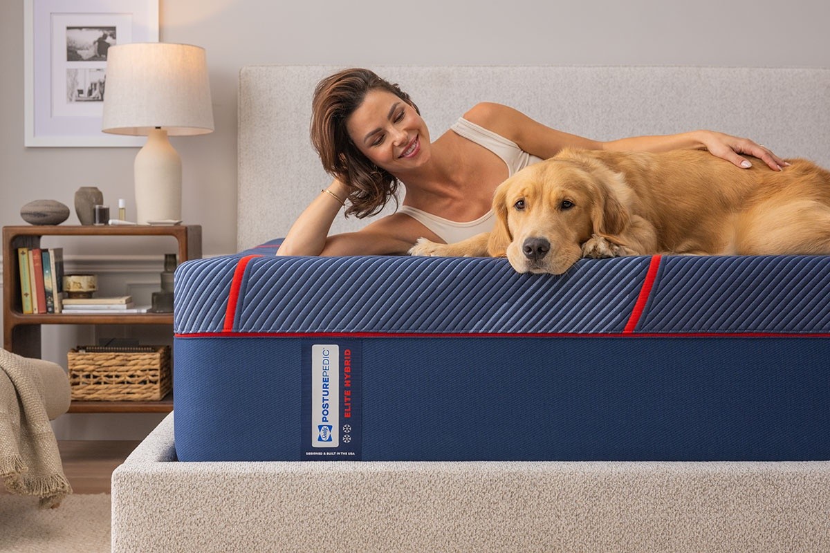 A woman and a golden retriever sitting on a Posturepedic Elite Hybrid in a styled room
