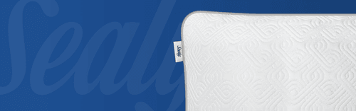 A corner view of a Sealy adjustable pillow with blue Sealy background