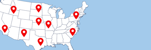 Map of the U.S. with red pins where Sealy retailers are