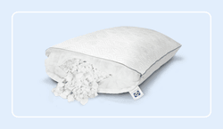 A Sealy adjustable pillow showing cutaway with shredded memory foam fill with a rounded white border